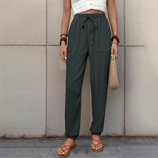 Damen Lockerer Leinenoptik-Joggerhose mit hohem Gummibund, Tunnelzug, aufgesetzten Taschen & elastischen Bündchen Shop Nory