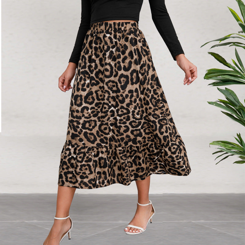 Damen Midirock mit elastischem Bund, Leopardenmuster und Volantbesatz Shop Nory