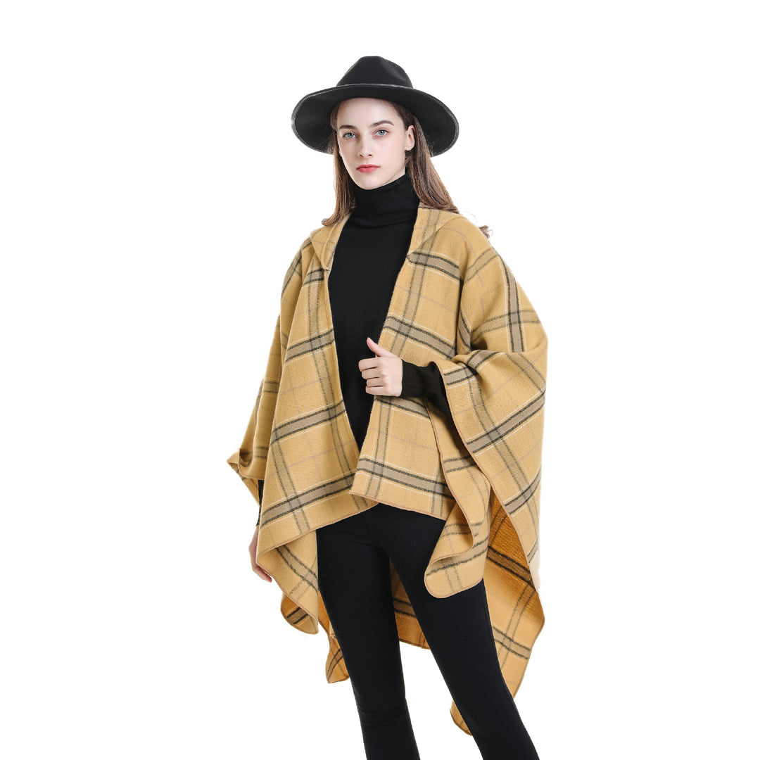 Damen Kapuzen-Poncho mit Karomuster, weichfallender Wollmix und offenem Oversize-Fall Shop Nory