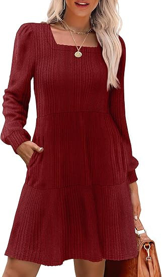Damen Gestricktes A‑Linien‑Minikleid mit quadratischem Ausschnitt, Stufenrock und Eingrifftaschen Shop Nory