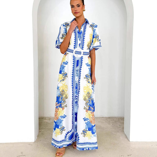 Damen Maxikleid mit floralem Knopfleisten-Design und tailliertem Gürtel