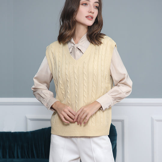 Damen Klassische Zopfmuster-Strickweste mit schmaler Passform und V-Ausschnitt Shop Nory
