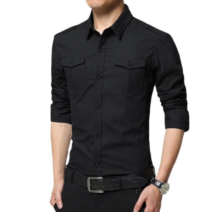 Herren Slim-Fit Baumwoll-Mix Utility-Hemd mit Schulterklappen und Brustpattentaschen Shop Nory