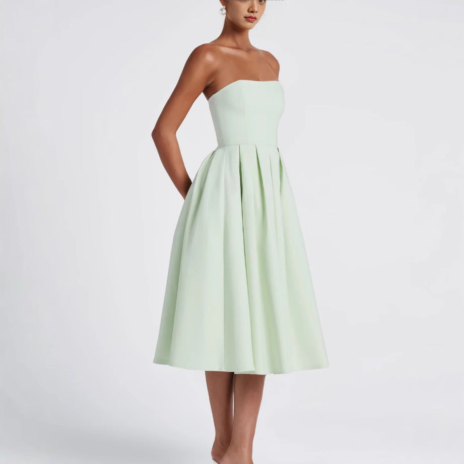 Damen Elegantes Midi-Kleid mit schwingendem Rock und raffiniertem Bandeau-Ausschnitt