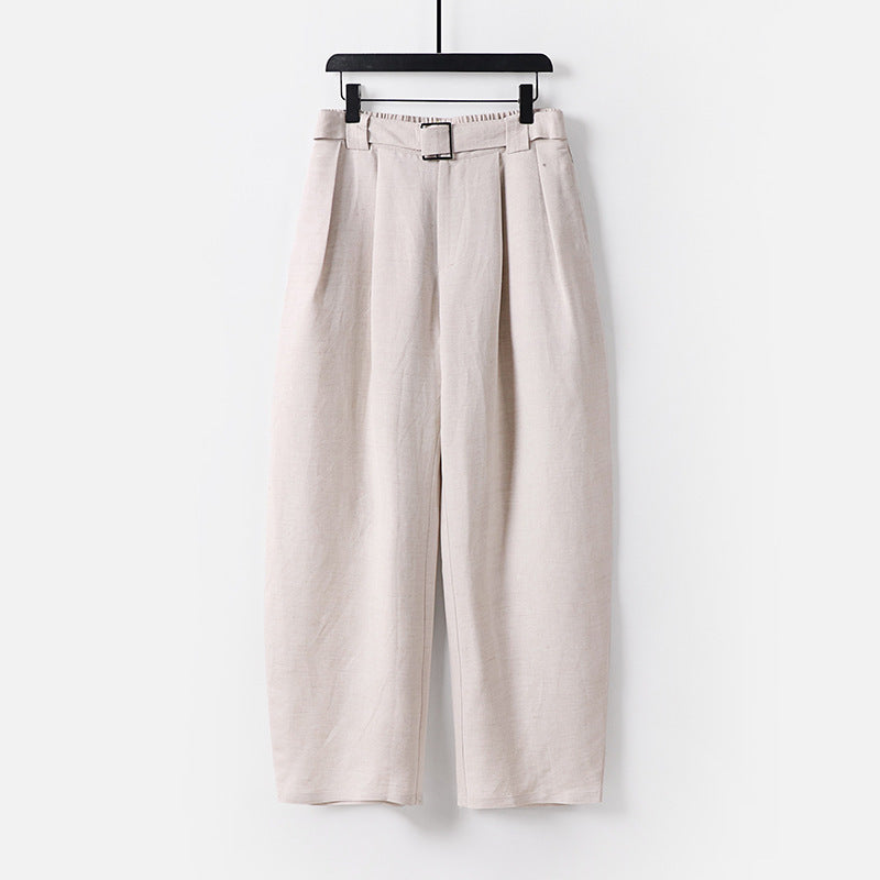 Damen Hochgeschnittene weite Leinenmix-Hose mit Bundfalten und Stoffgürtel Shop Nory