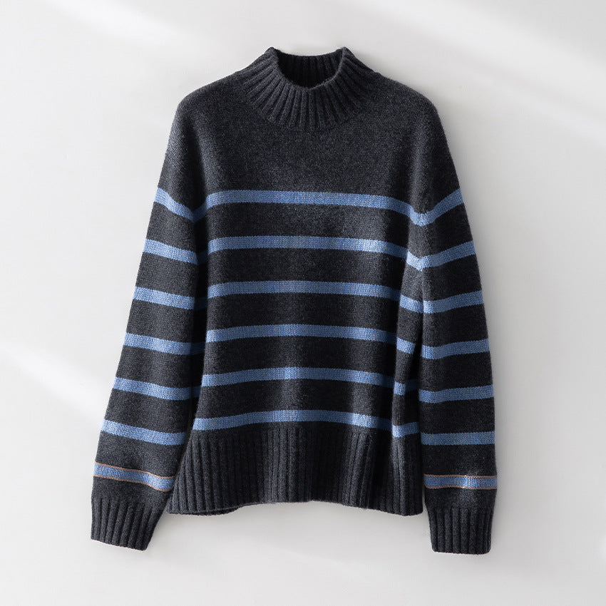 Damen Gestreifter Feinstrick-Pullover mit halbhohem Rippkragen und geripptem Saum Shop Nory