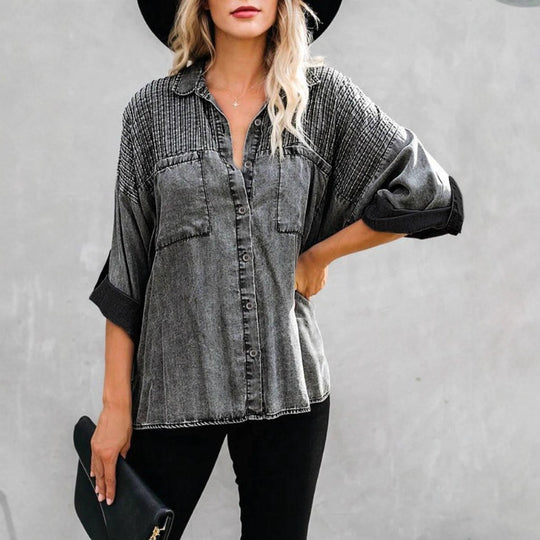 Damen Oversize-Denimbluse mit gesteppter Passe, Knopfleiste und aufgesetzten Brusttaschen Shop Nory