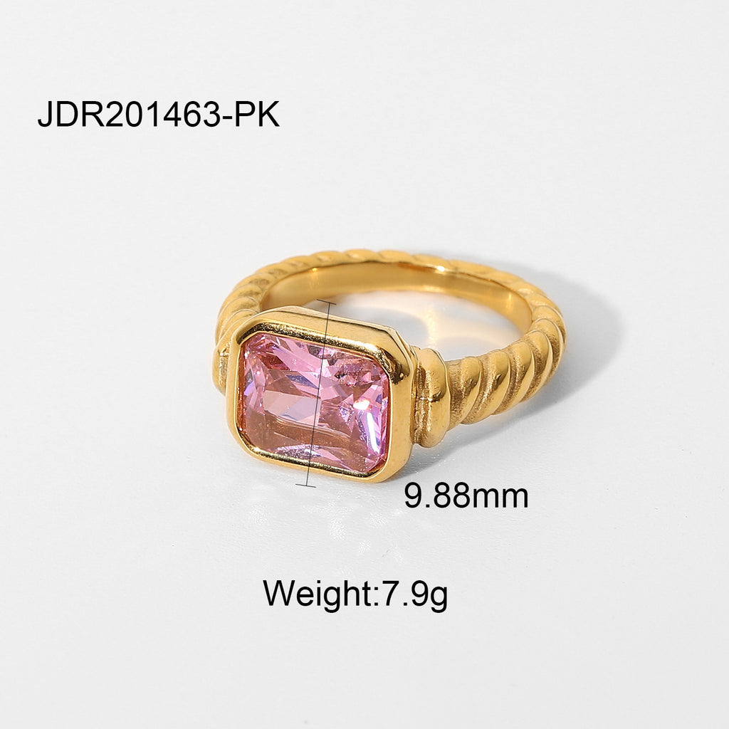 Damen eleganter Ring mit rosa Zirkonia und gedrehtem Edelstahl Shop Nory