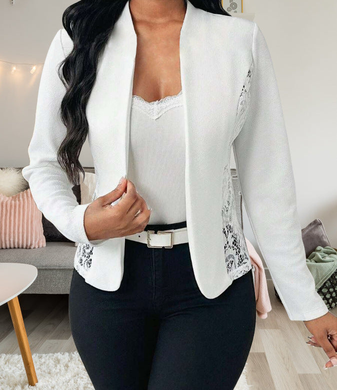 Damen elegante Blazerjacke mit Spitzenakzenten