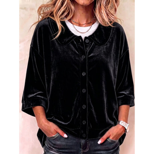Damen Samt-Button-Down-Hemdbluse mit abgerundetem Kragen Shop Nory