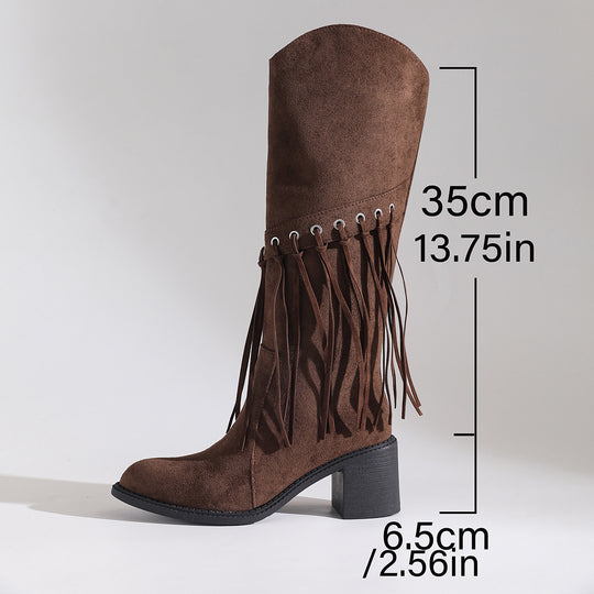Damen wadenhohe Fransen-Stiefel in Wildlederoptik mit Ösendetail und mittelhohem Blockabsatz Shop Nory