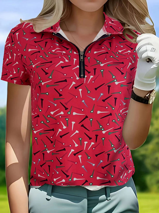 Damen Golfshirt mit modernem Muster und funktionalem Reißverschluss
