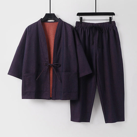 Unisex Lässiges Denim-Kimono-Set mit kurzarm Jacke, Bindeband und elastischer Bundhose Shop Nory