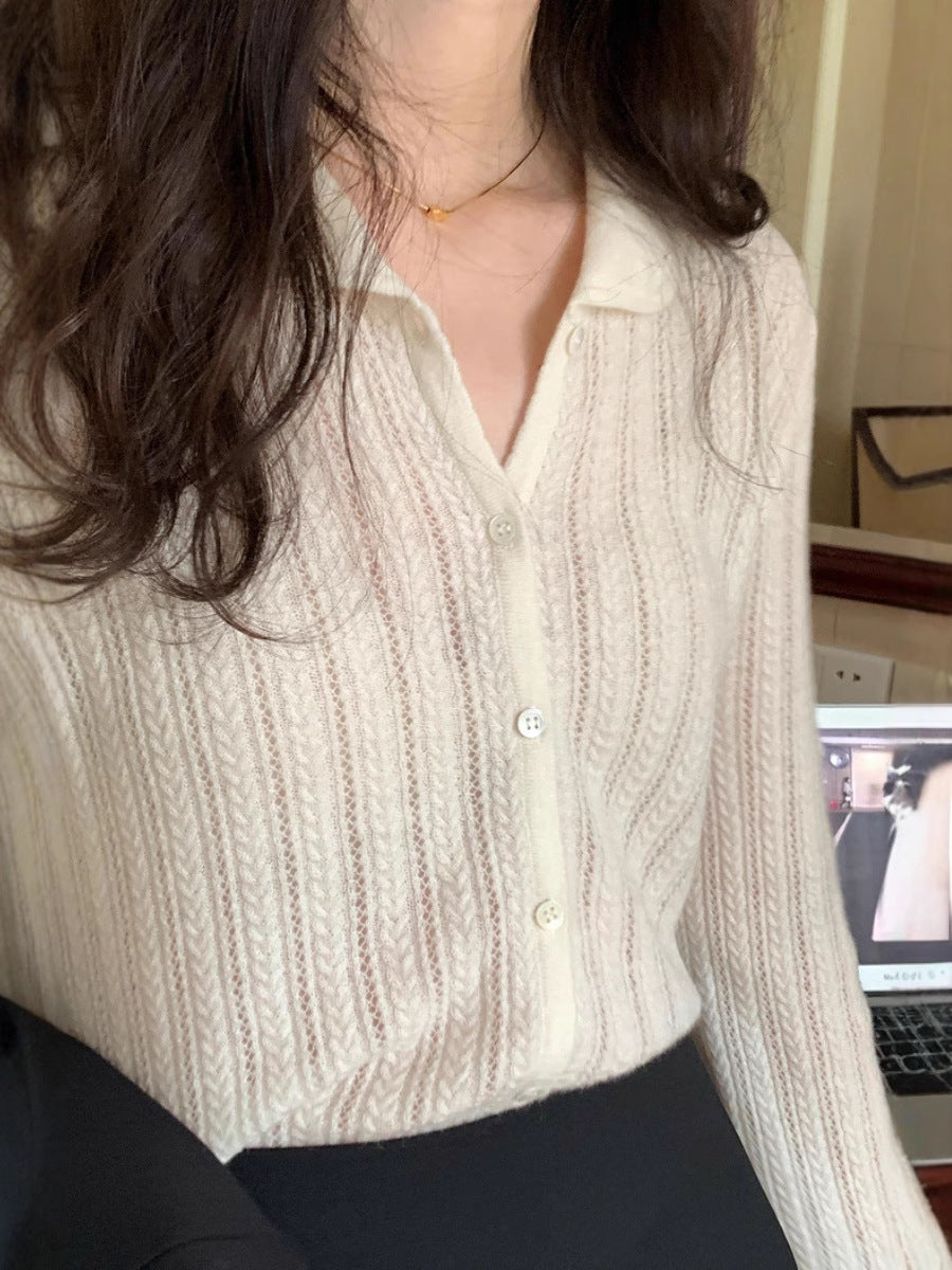 Damen Leichter Ajourstrick-Knopfccardigan mit Hemdkragen und feiner Zopfmusterstruktur Shop Nory