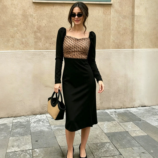 Damen Figurbetontes Midikleid mit Puffärmeln und transparentem Tupfen-Organza-Rückenteil Shop Nory