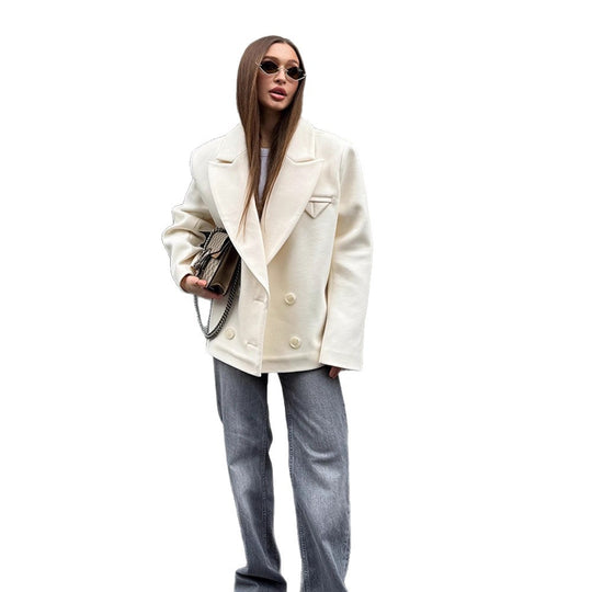Damen Oversize Doppelreihiger Kurzblazer im Cocoon-Schnitt aus Wollmix Shop Nory