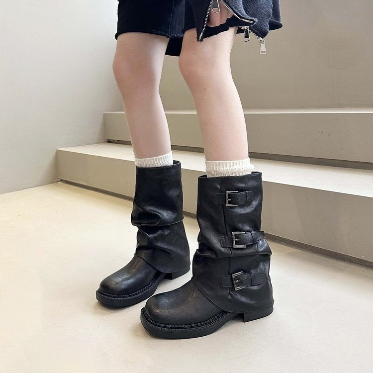 Damen Steppstiefel mit modischen Schnallen und flexiblem Schaftrand