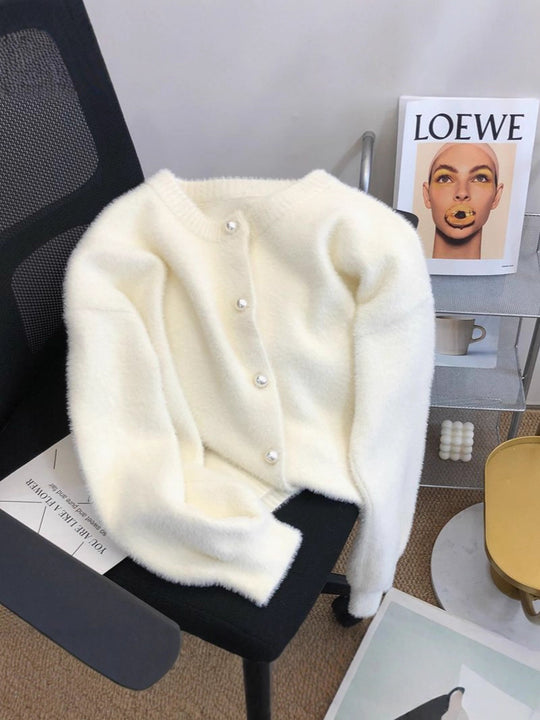 Damen Flauschige Strickjacke mit Perlenknöpfen Shop Nory