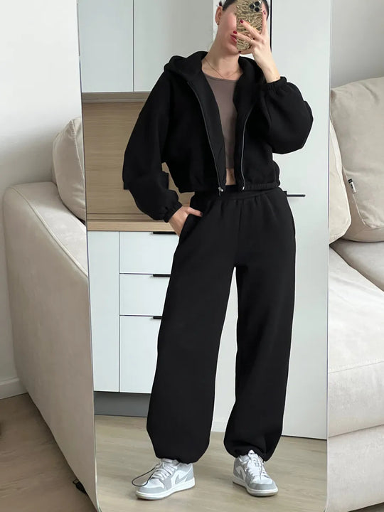 Damen Oversize Sweatset mit Reißverschluss Bomberjacke und Highwaist Jogginghose Shop Nory