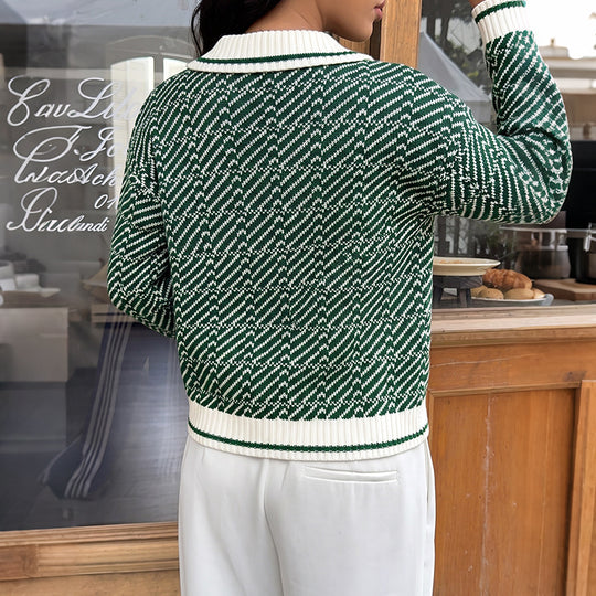 Damen Polokragen-Strickpullover mit V-Ausschnitt und Strukturmuster Shop Nory