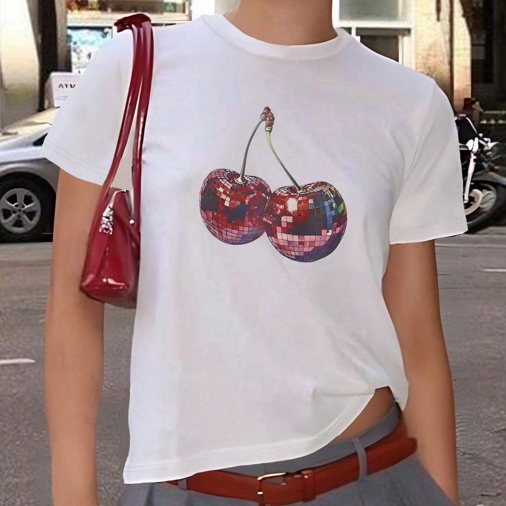 Damen T-Shirt mit kreativem Kirschmotiv und funkelndem Glitzereffekt