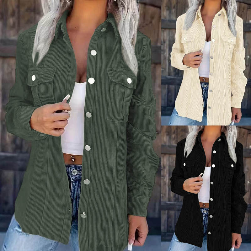 Damen Longline-Cordhemdjacke mit Brustklappen und Druckknopfleiste Shop Nory