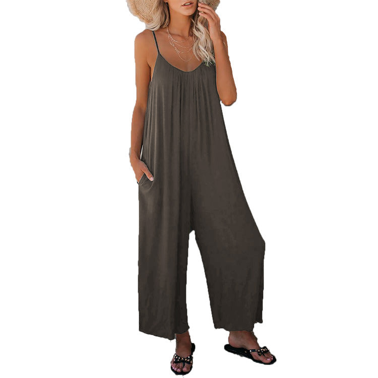 Damen Lässiger Sommer-Jumpsuit mit tiefem Ausschnitt und praktischen Taschen