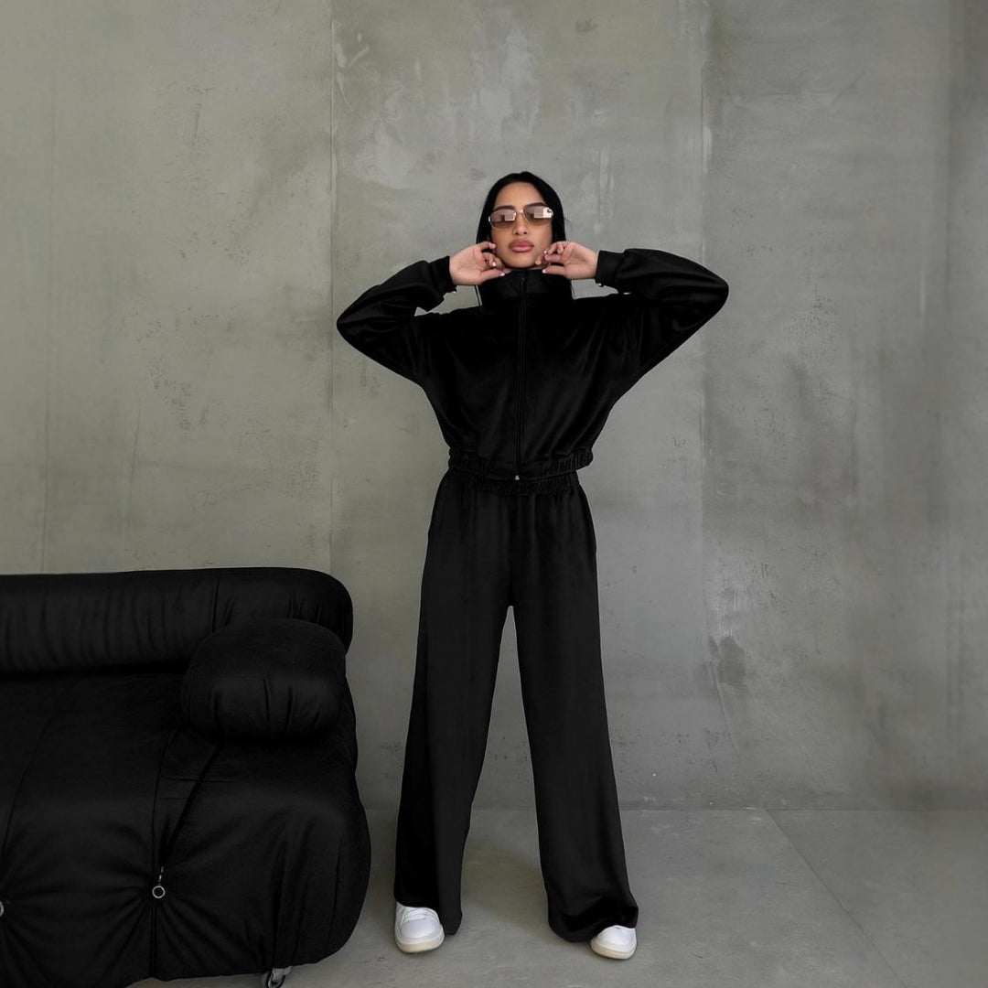 Damen Samt-Loungewear-Set mit kurzem Reißverschluss und geraffter Taillenpartie Shop Nory