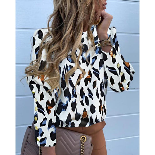 Damen Leichte Bluse mit Leopardenprint, Ballonärmeln und Zierknopfleiste Shop Nory