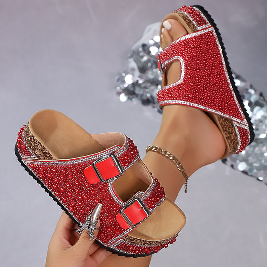 Damen Perlenbesetzte Keilplattform-Sandalen mit Doppelriemen und Komfortfußbett Shop Nory