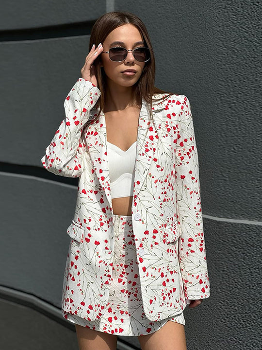 Damen Florales Blazer- und Minirock-Set aus strukturierter Baumwollmischung Shop Nory