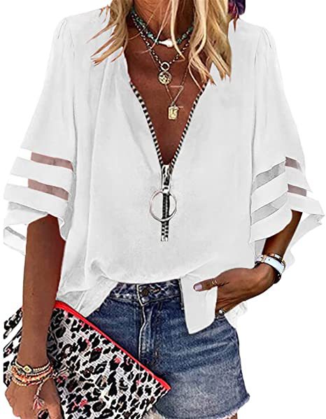 Damen V‑Ausschnitt Bluse mit dekorativem Ringreißverschluss und Cut-Out-Ärmeln Shop Nory