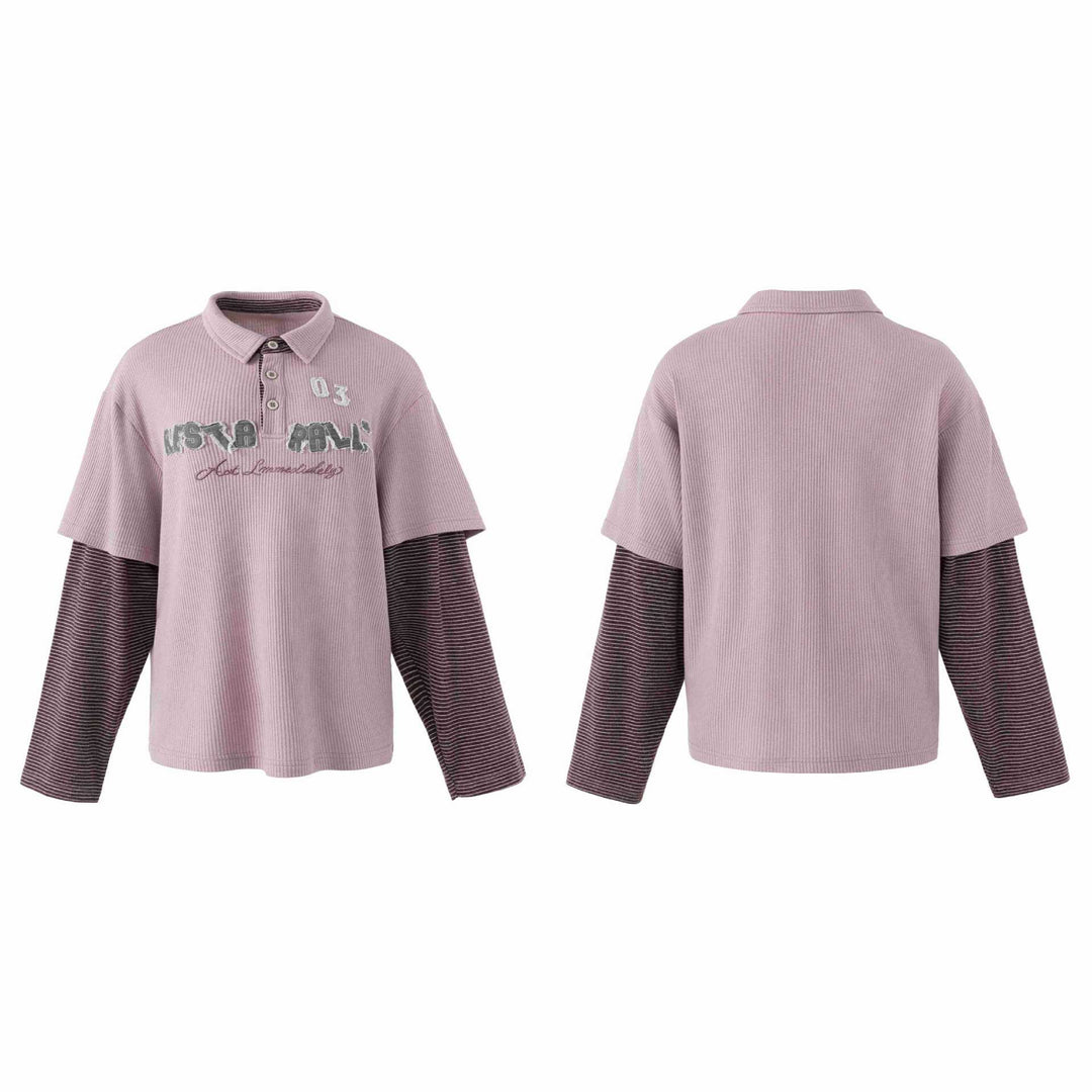 Damen Lässiges Layered-Polo-Shirt mit Rippenstruktur und gestreiften Einsatzärmeln Shop Nory
