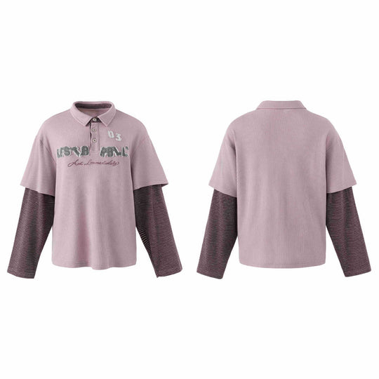 Damen Lässiges Layered-Polo-Shirt mit Rippenstruktur und gestreiften Einsatzärmeln Shop Nory