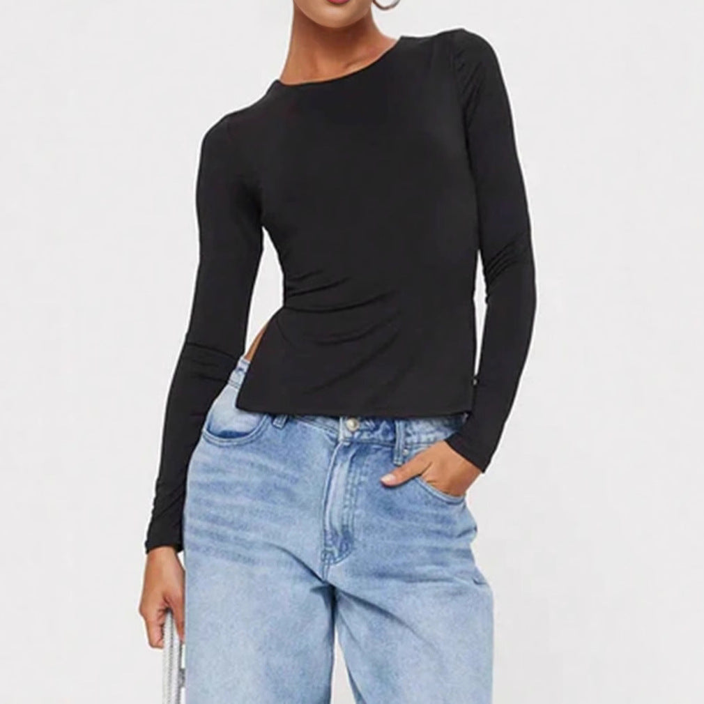 Damen kurzes Wickel-Crop-Top mit Rückenschnürung und langen Ärmeln Shop Nory
