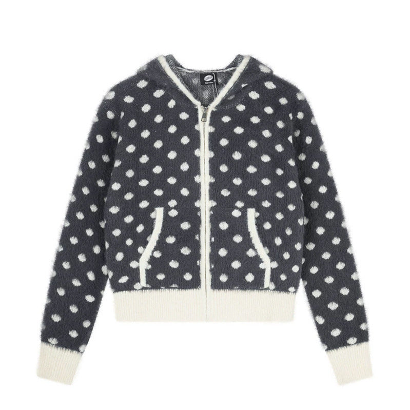Damen Flauschige Kapuzen‑Zipjacke mit Polka‑Dot‑Jacquard und Eingrifftaschen Shop Nory