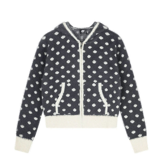 Damen Flauschige Kapuzen‑Zipjacke mit Polka‑Dot‑Jacquard und Eingrifftaschen Shop Nory