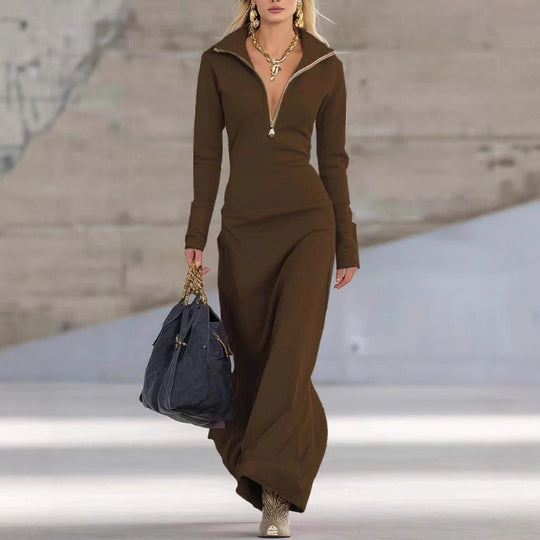 Damen Elegantes Jersey-Maxi-Kleid mit Halbzip-Kragen, taillierter Silhouette und fließendem Rock Shop Nory