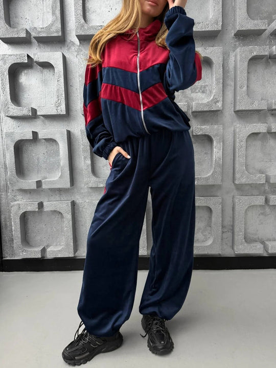Damen Retro-inspiriertes Samt-Trackset mit Chevron-Design, Stehkragen und weiter High-Waist-Jogger Shop Nory