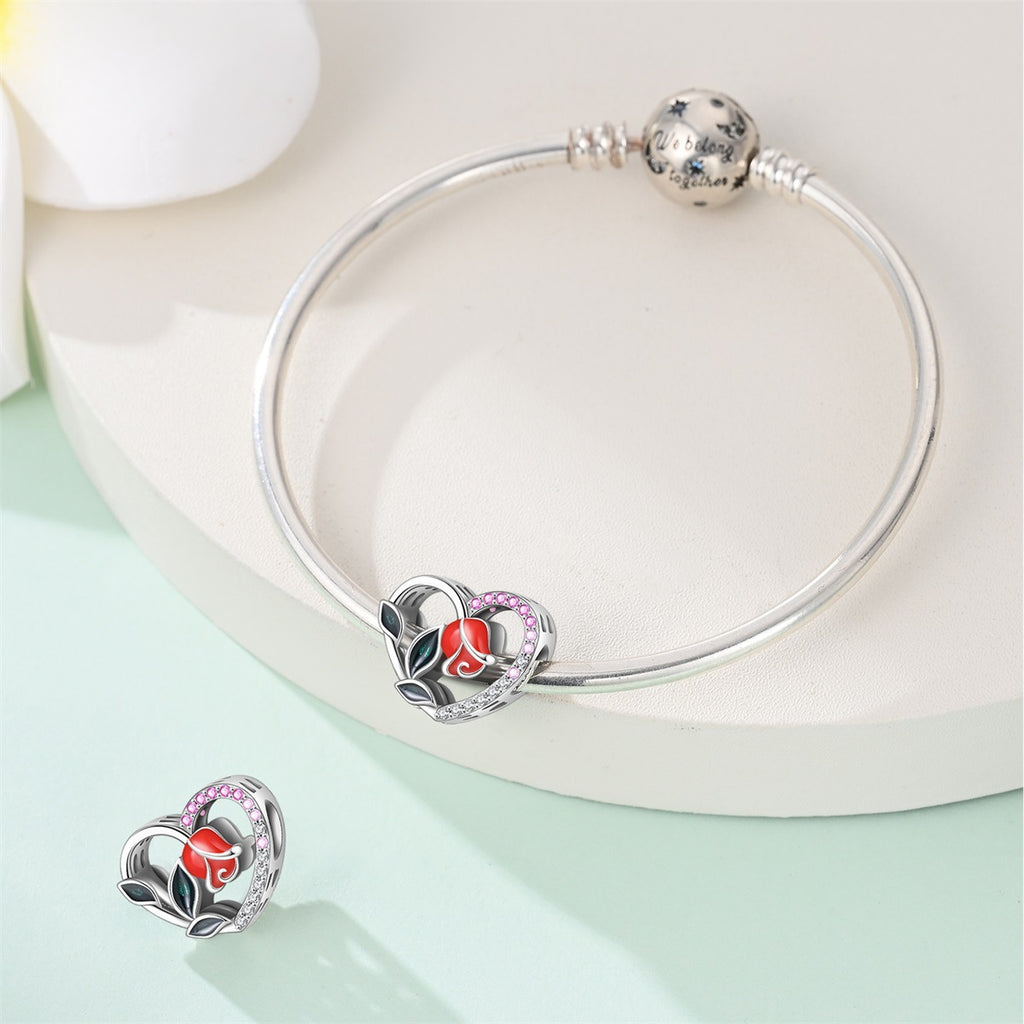 Filigraner Herz-Charms Anhänger mit Rosenmotiv und Zirkonia