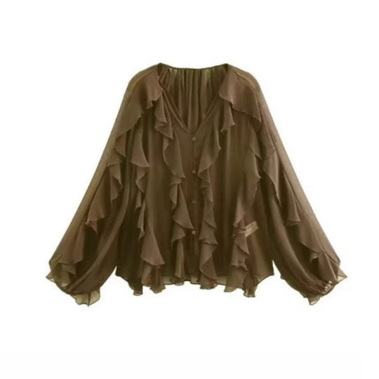 Damen nan feminine Chiffon-Volantbluse mit Ballonärmeln und V-Ausschnitt