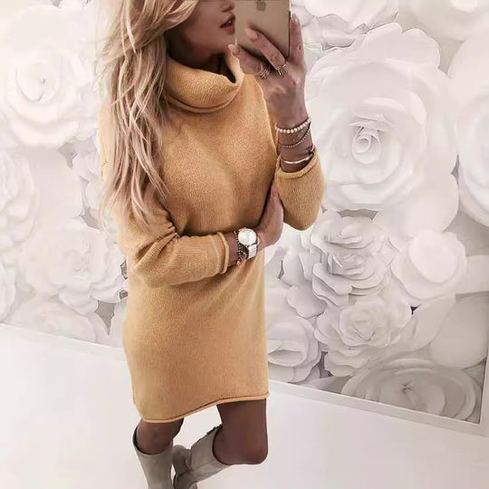 Damen Gemütliches Rollkragen Mini Kleid aus Feinstrick mit Geradem Schnitt Shop Nory