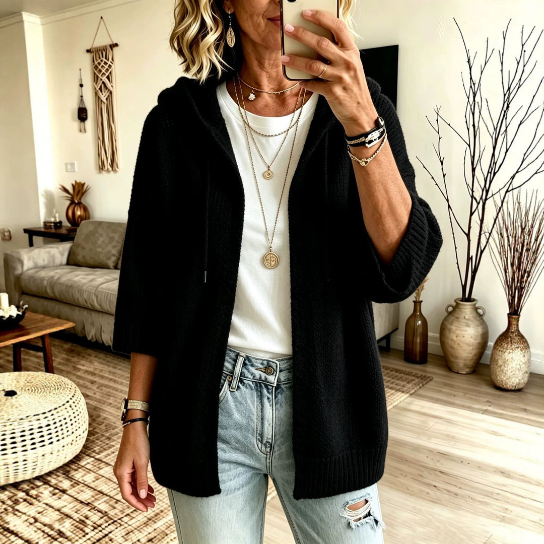 Damen Kapuzen-Longcardigan aus grobem Strick mit 3/4-Ärmeln und offener Front Shop Nory