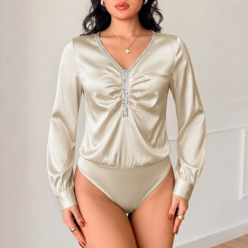 Damen Satinbluse mit V-Ausschnitt, geraffter Front und Strassdetails Shop Nory