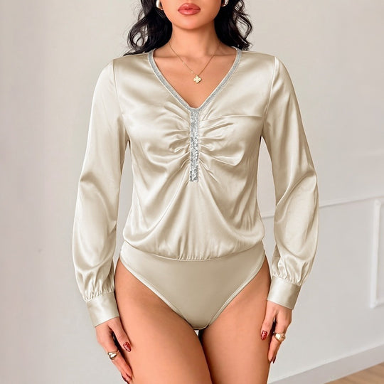 Damen Satinbluse mit V-Ausschnitt, geraffter Front und Strassdetails Shop Nory