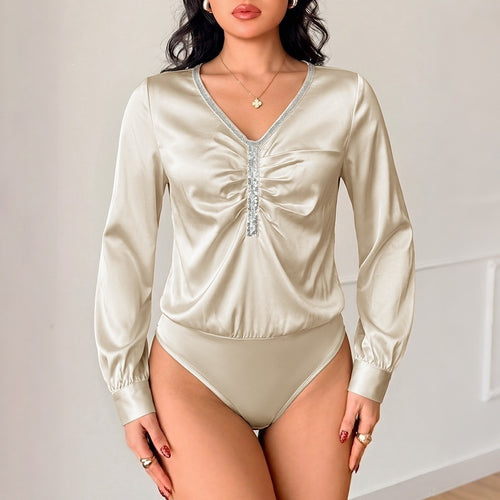 Damen Satinbluse mit V-Ausschnitt, geraffter Front und Strassdetails Shop Nory