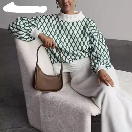 Damen Oversize Strickpullover mit Rautenmuster und Stehkragen Shop Nory