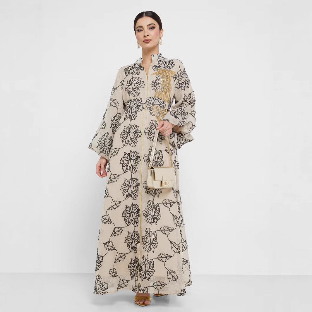 Damen Besticktes Maxikleid im Kaftan-Stil mit Reißverschluss, Taillengürtel und Ballonärmeln Shop Nory