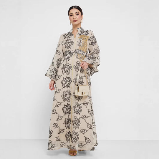 Damen Besticktes Maxikleid im Kaftan-Stil mit Reißverschluss, Taillengürtel und Ballonärmeln Shop Nory