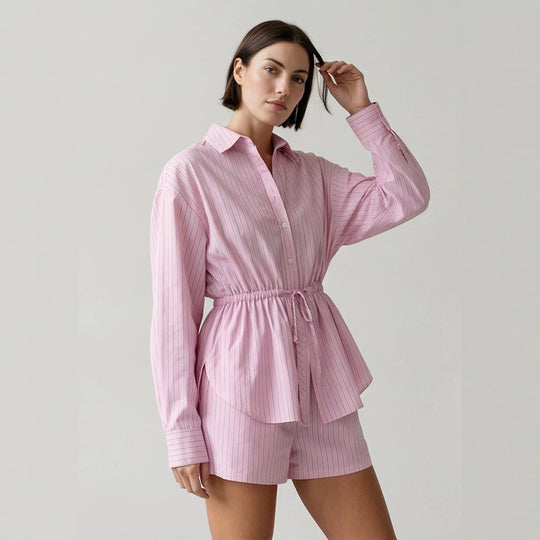 Damen Gestreiftes Loungewear-Set aus Leichtbaumwolle mit Kordel-Taille & Shorts Shop Nory
